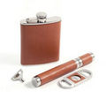 Flask & Cigar Accessories Set - Brown Leather